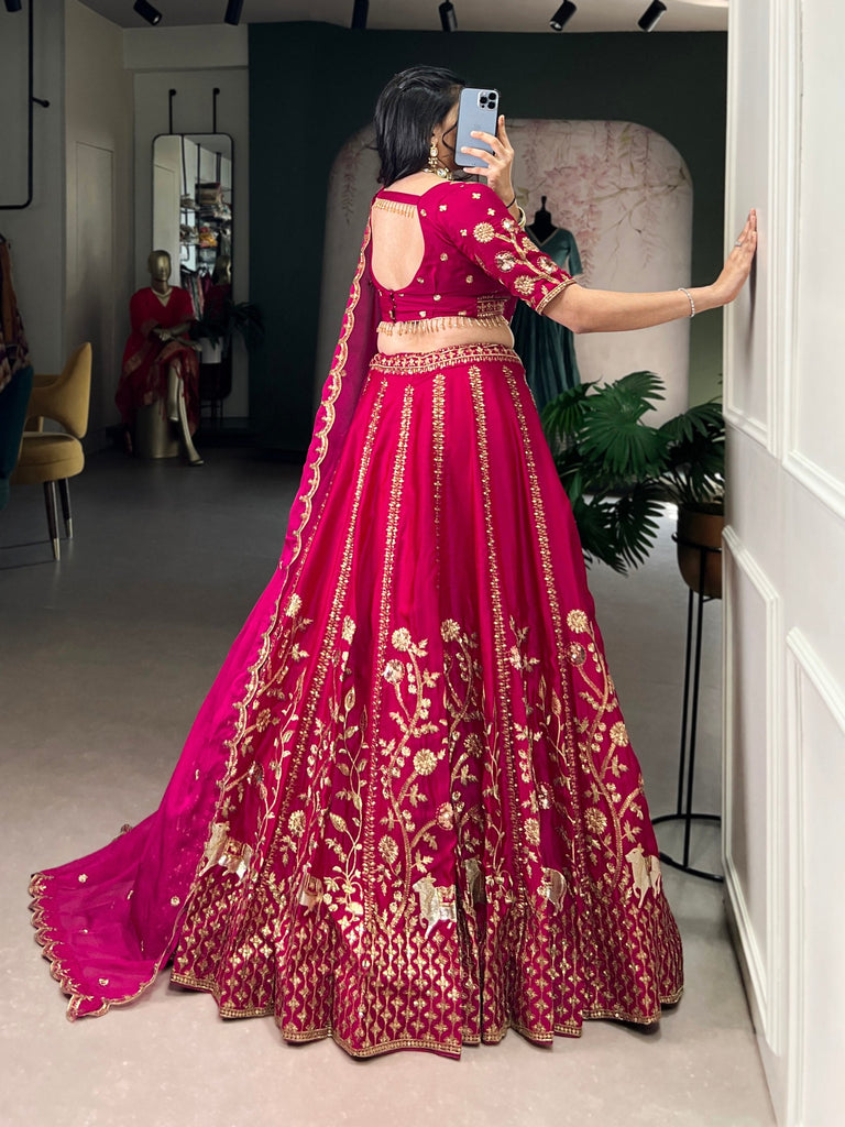 Rani Pink Natural Silk Sequins & Thread Embroidered Lehenga Choli Set with Organza Dupatta – Stitched 4-Meter Flair Lehenga with Double Cancan & Designer Unstitched Blouse ClothsVilla