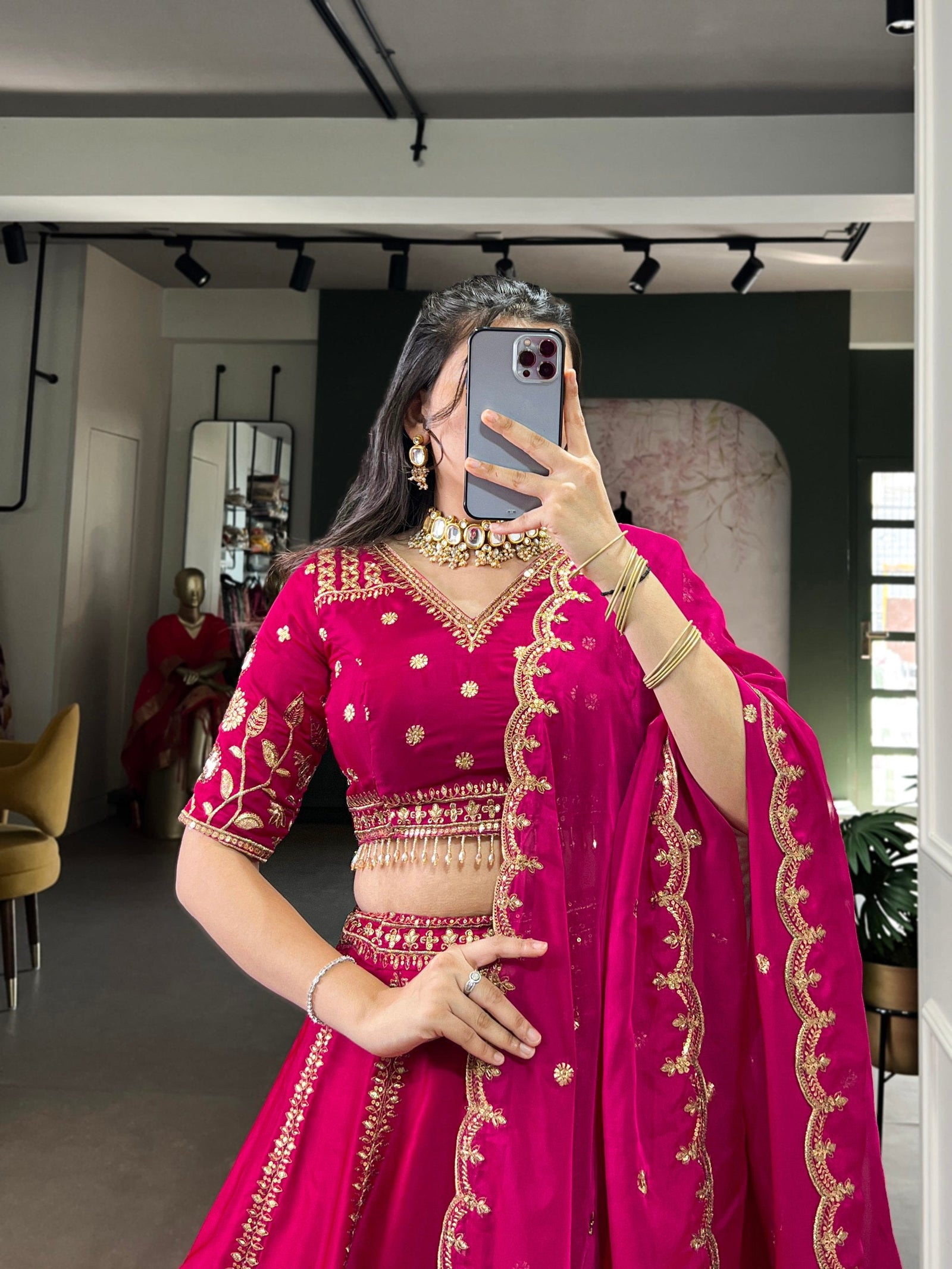Rani Pink Natural Silk Sequins & Thread Embroidered Lehenga Choli Set with Organza Dupatta – Stitched 4-Meter Flair Lehenga with Double Cancan & Designer Unstitched Blouse ClothsVilla