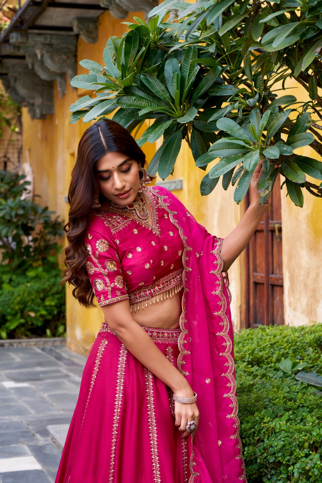 Rani Pink Natural Silk Sequins & Thread Embroidered Lehenga Choli Set with Organza Dupatta – Stitched 4-Meter Flair Lehenga with Double Cancan & Designer Unstitched Blouse ClothsVilla