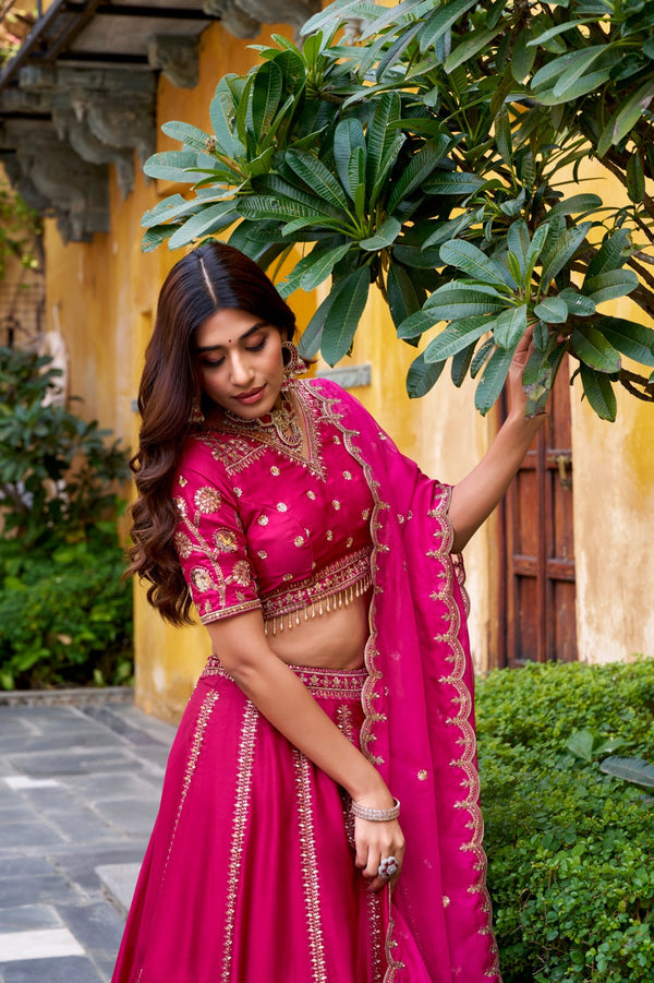 Rani Pink Natural Silk Sequins & Thread Embroidered Lehenga Choli Set with Organza Dupatta – Stitched 4-Meter Flair Lehenga with Double Cancan & Designer Unstitched Blouse ClothsVilla