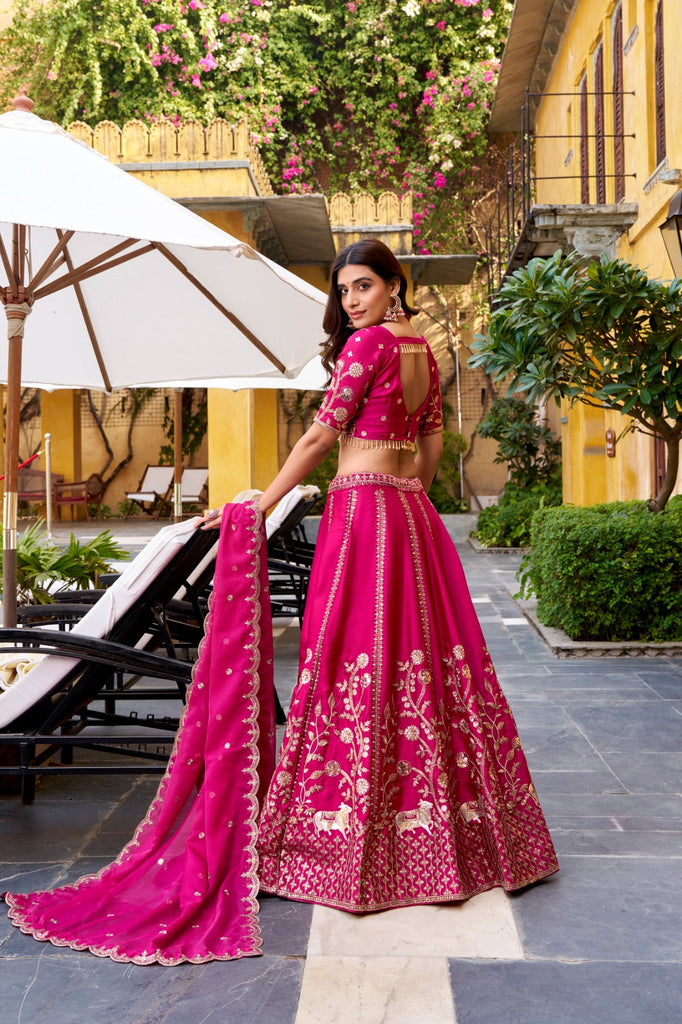 Rani Pink Natural Silk Sequins & Thread Embroidered Lehenga Choli Set with Organza Dupatta – Stitched 4-Meter Flair Lehenga with Double Cancan & Designer Unstitched Blouse ClothsVilla