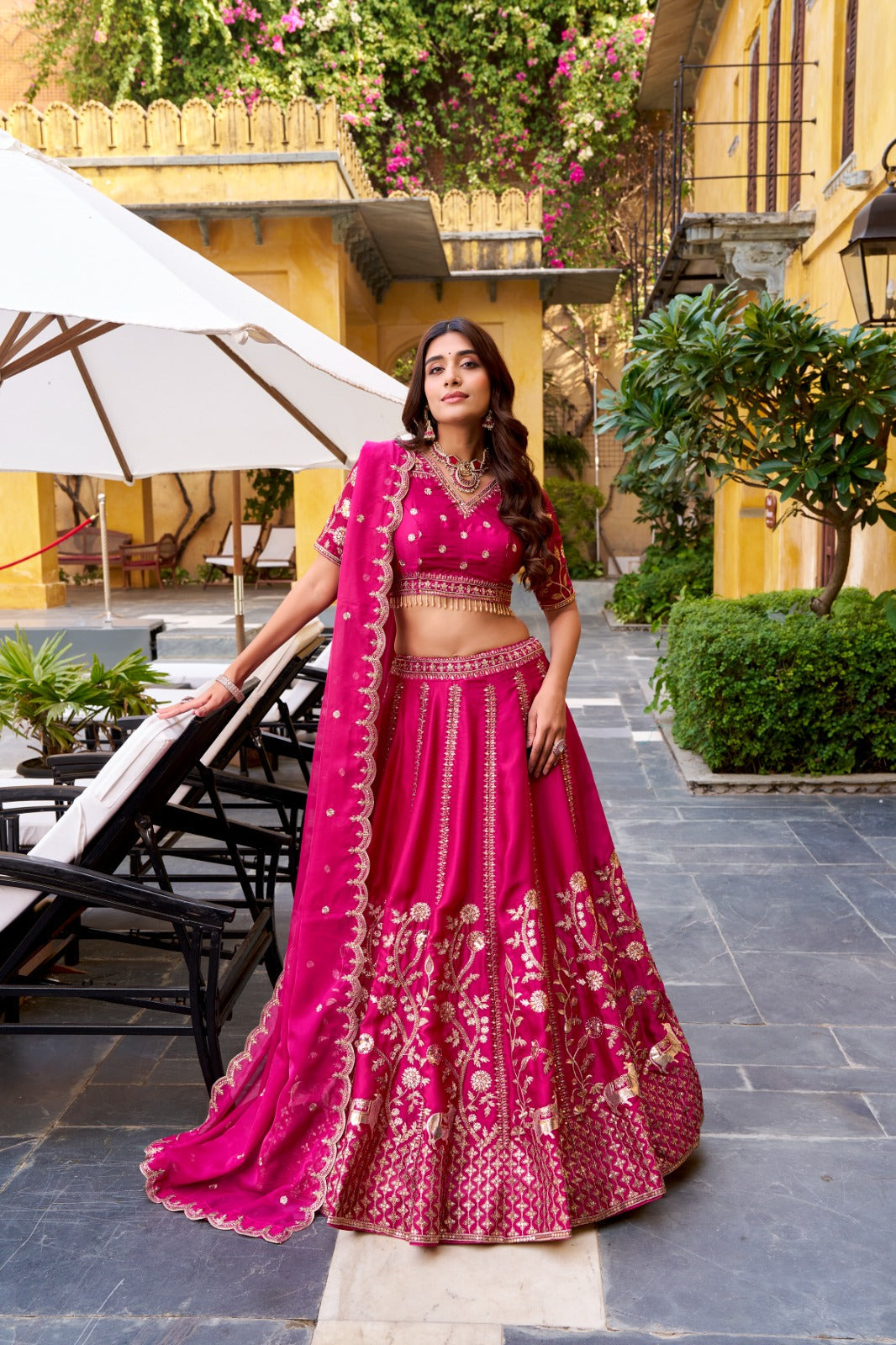 Rani Pink Natural Silk Sequins & Thread Embroidered Lehenga Choli Set with Organza Dupatta – Stitched 4-Meter Flair Lehenga with Double Cancan & Designer Unstitched Blouse ClothsVilla