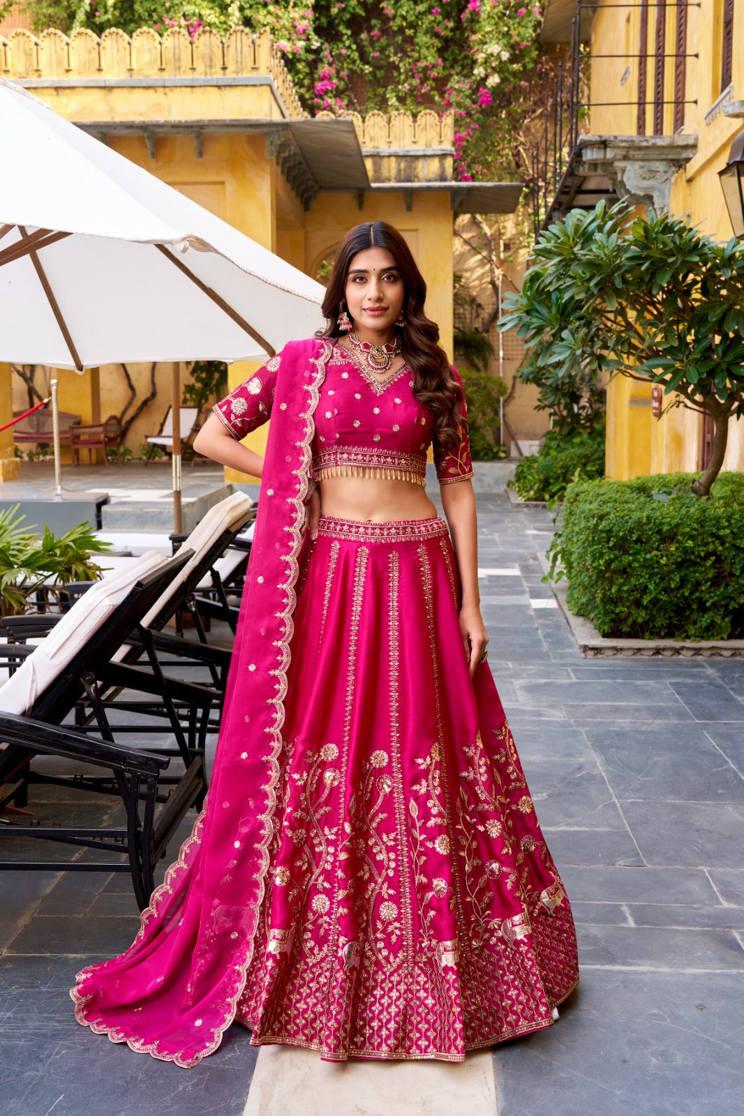 Rani Pink Natural Silk Sequins & Thread Embroidered Lehenga Choli Set with Organza Dupatta – Stitched 4-Meter Flair Lehenga with Double Cancan & Designer Unstitched Blouse ClothsVilla