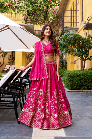 Rani Pink Natural Silk Sequins & Thread Embroidered Lehenga Choli Set with Organza Dupatta – Stitched 4-Meter Flair Lehenga with Double Cancan & Designer Unstitched Blouse ClothsVilla