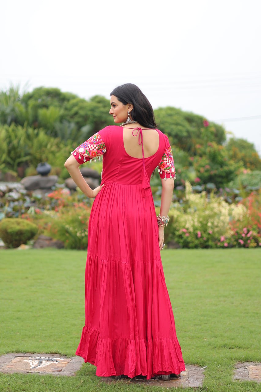 Rani Pink Navratri Special Kutchi Gamthi Work Rayon Gown with 3-Layer Frill & Cotton Lining ClothsVilla