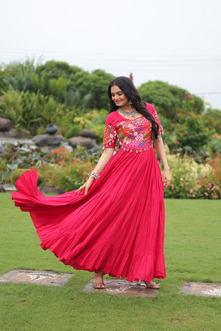 Rani Pink Navratri Special Kutchi Gamthi Work Rayon Gown with 3-Layer Frill & Cotton Lining ClothsVilla