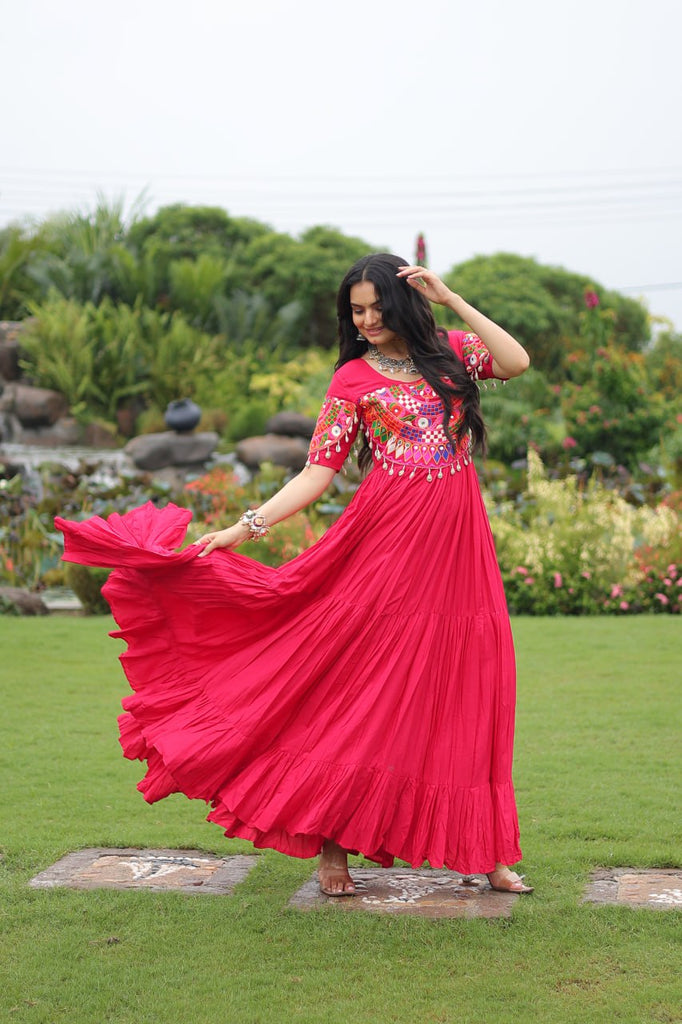 Rani Pink Navratri Special Kutchi Gamthi Work Rayon Gown with 3-Layer Frill & Cotton Lining ClothsVilla