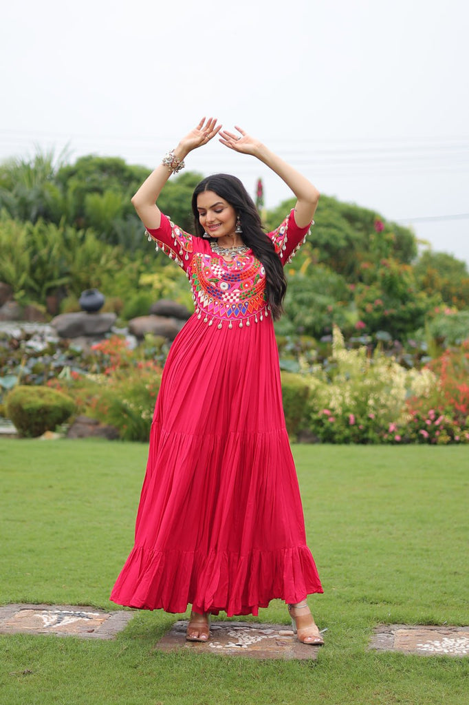 Rani Pink Navratri Special Kutchi Gamthi Work Rayon Gown with 3-Layer Frill & Cotton Lining ClothsVilla