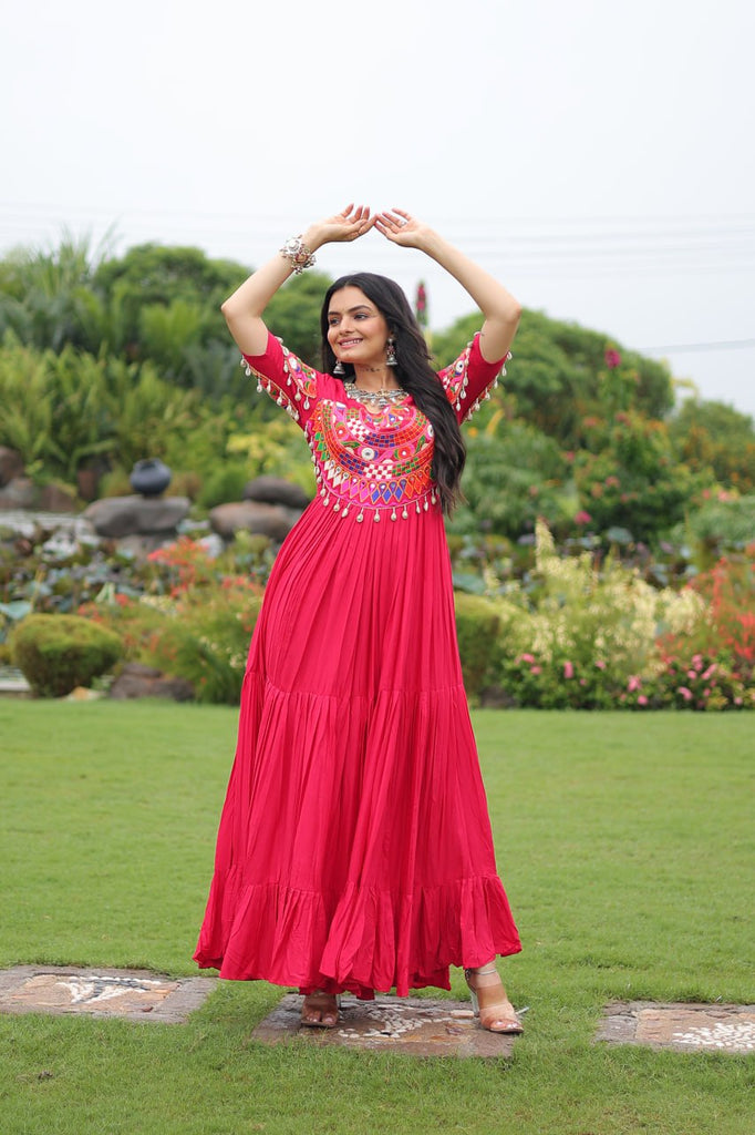 Rani Pink Navratri Special Kutchi Gamthi Work Rayon Gown with 3-Layer Frill & Cotton Lining ClothsVilla