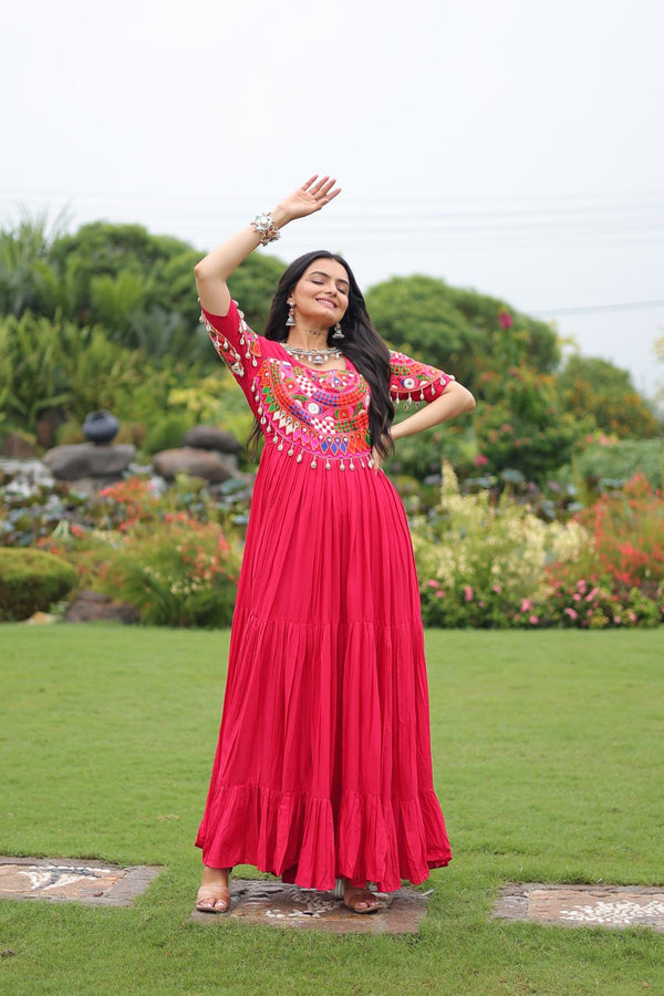 Rani Pink Navratri Special Kutchi Gamthi Work Rayon Gown with 3-Layer Frill & Cotton Lining ClothsVilla