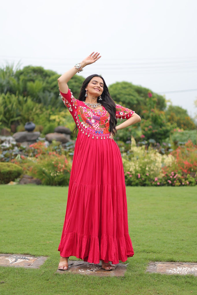 Rani Pink Navratri Special Kutchi Gamthi Work Rayon Gown with 3-Layer Frill & Cotton Lining ClothsVilla