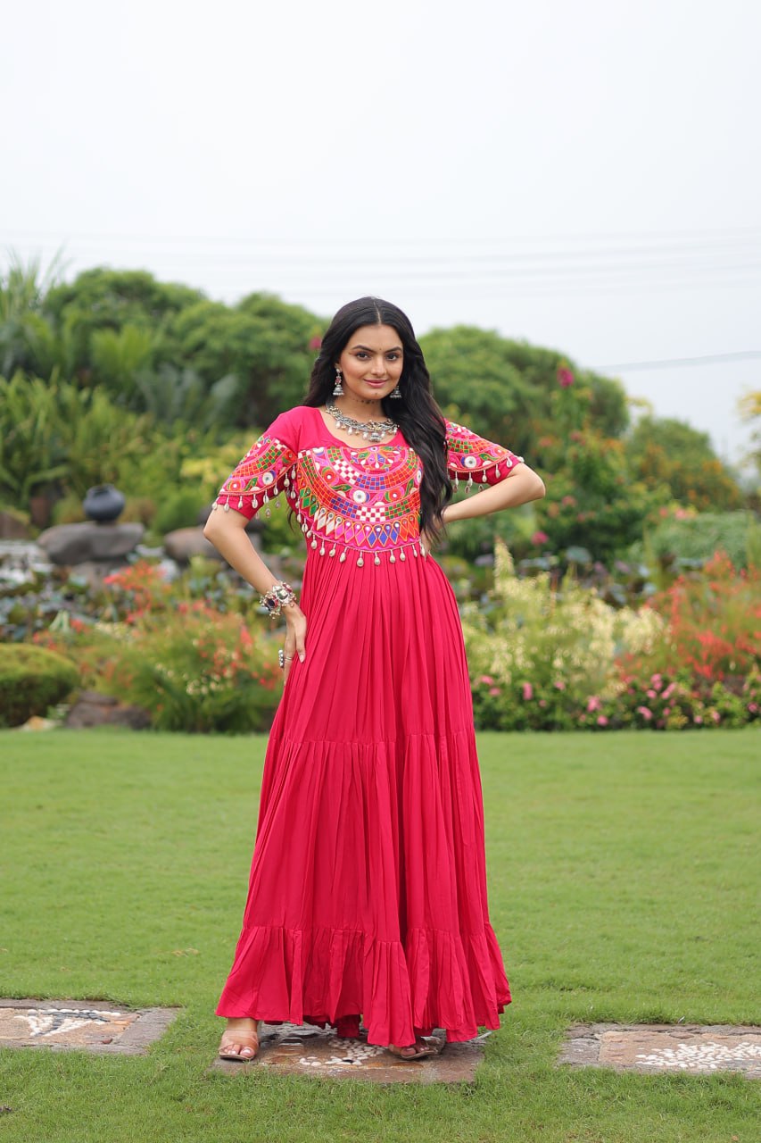 Rani Pink Navratri Special Kutchi Gamthi Work Rayon Gown with 3-Layer Frill & Cotton Lining ClothsVilla Main image