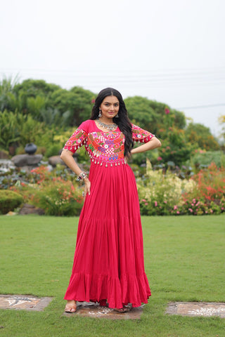 Rani Pink Navratri Special Kutchi Gamthi Work Rayon Gown with 3-Layer Frill & Cotton Lining ClothsVilla