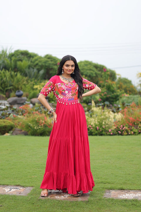 Rani Pink Navratri Special Kutchi Gamthi Work Rayon Gown with 3-Layer Frill & Cotton Lining ClothsVilla Main image