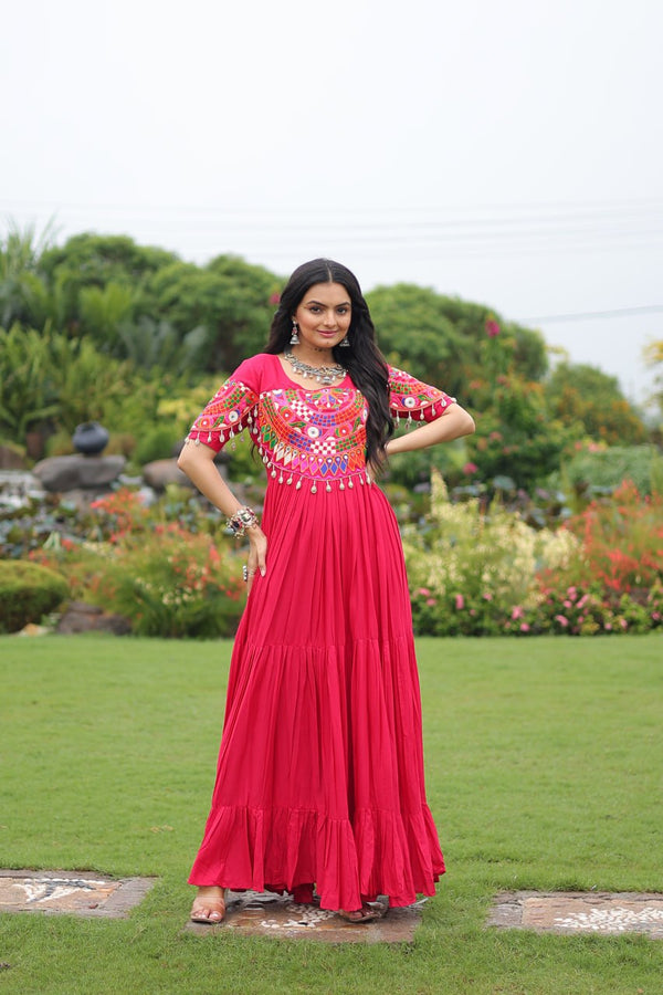 Rani Pink Navratri Special Kutchi Gamthi Work Rayon Gown with 3-Layer Frill & Cotton Lining ClothsVilla