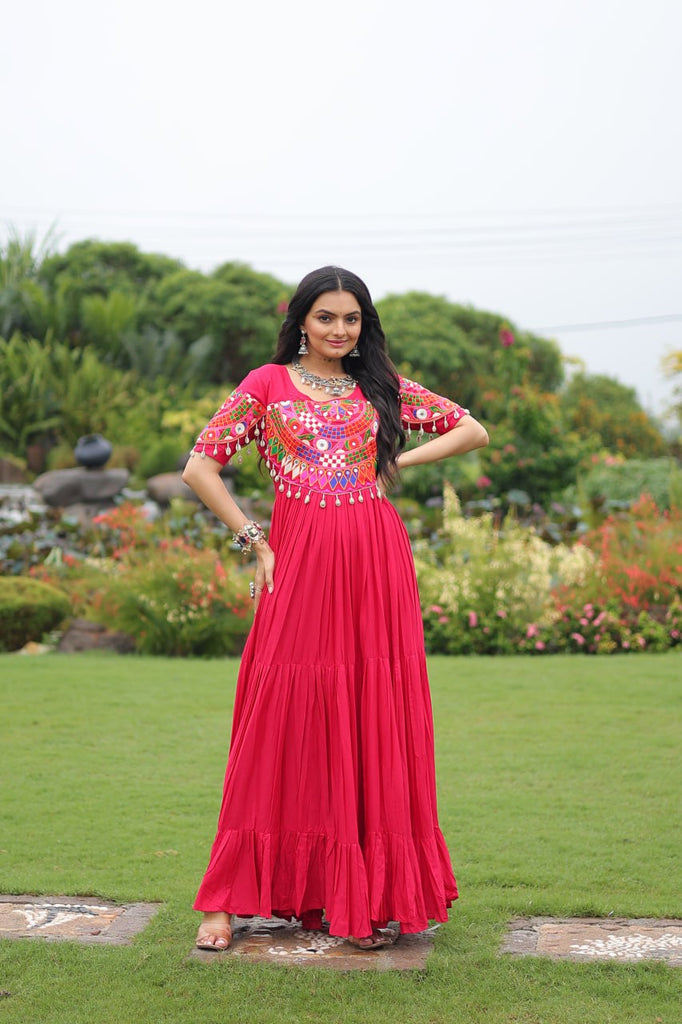 Rani Pink Navratri Special Kutchi Gamthi Work Rayon Gown with 3-Layer Frill & Cotton Lining ClothsVilla