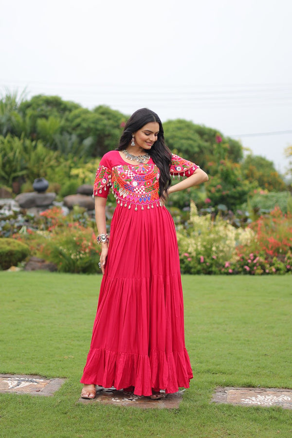 Rani Pink Navratri Special Kutchi Gamthi Work Rayon Gown with 3-Layer Frill & Cotton Lining ClothsVilla
