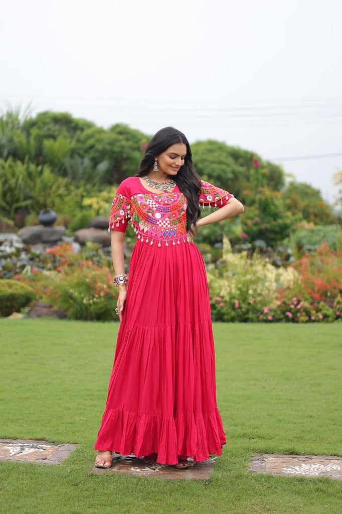 Rani Pink Navratri Special Kutchi Gamthi Work Rayon Gown with 3-Layer Frill & Cotton Lining ClothsVilla