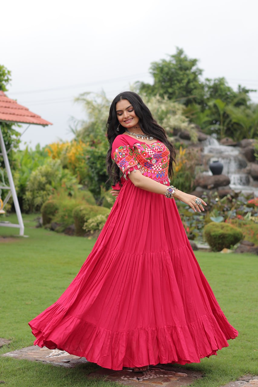 Rani Pink Navratri Special Kutchi Gamthi Work Rayon Gown with 3-Layer Frill & Cotton Lining ClothsVilla