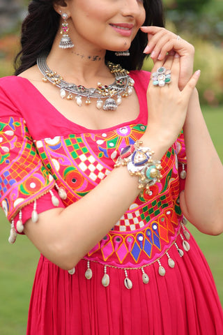 Rani Pink Navratri Special Kutchi Gamthi Work Rayon Gown with 3-Layer Frill & Cotton Lining ClothsVilla