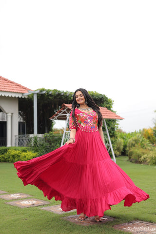 Rani Pink Navratri Special Kutchi Gamthi Work Rayon Gown with 3-Layer Frill & Cotton Lining ClothsVilla
