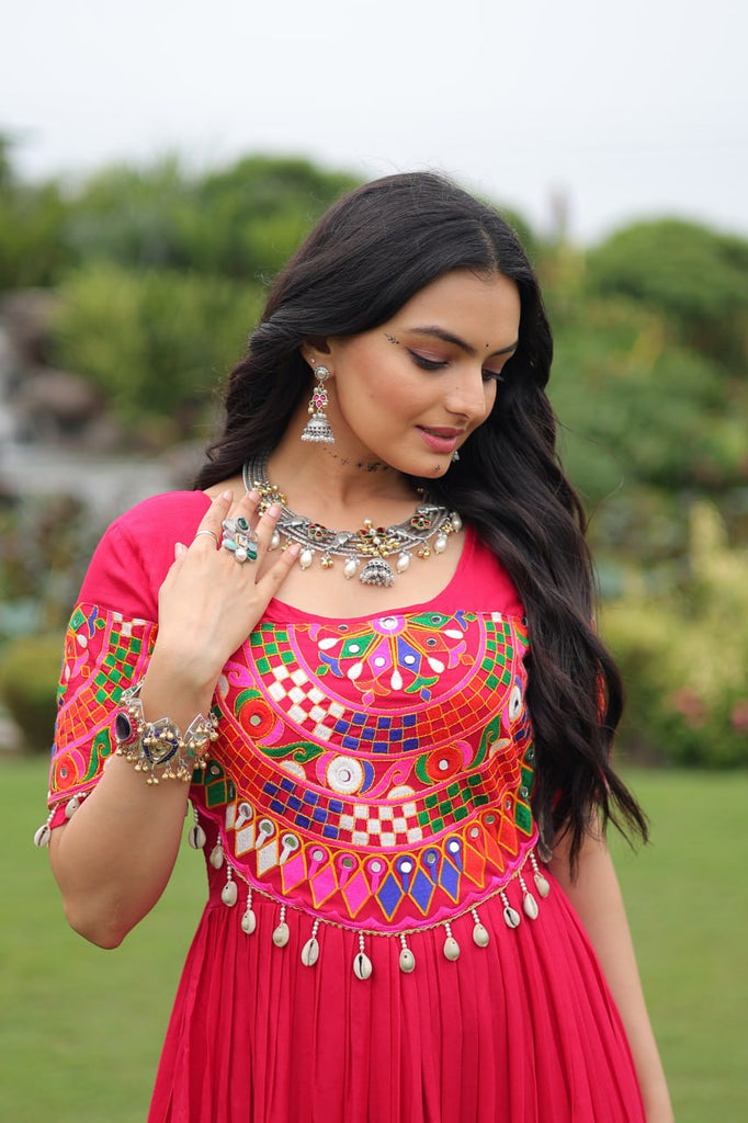 Rani Pink Navratri Special Kutchi Gamthi Work Rayon Gown with 3-Layer Frill & Cotton Lining ClothsVilla