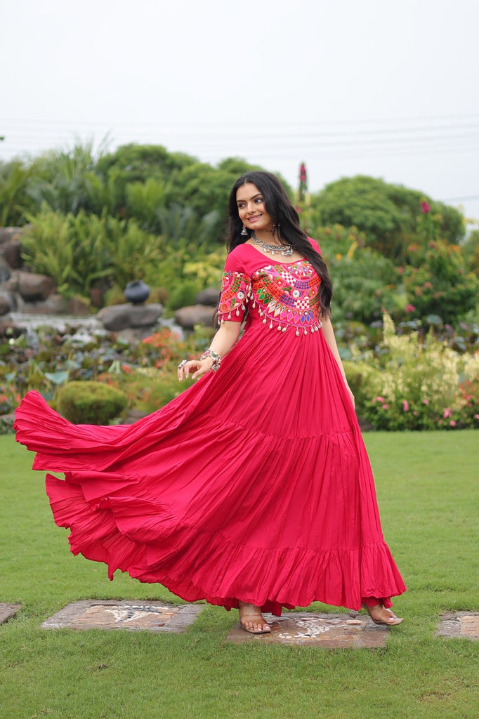 Rani Pink Navratri Special Kutchi Gamthi Work Rayon Gown with 3-Layer Frill & Cotton Lining ClothsVilla