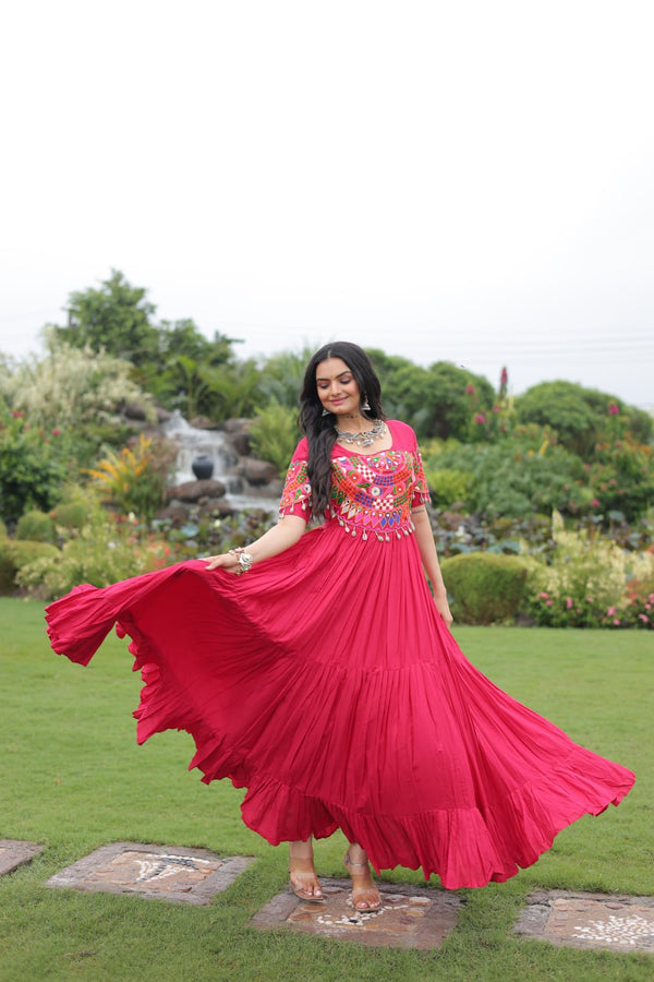 Rani Pink Navratri Special Kutchi Gamthi Work Rayon Gown with 3-Layer Frill & Cotton Lining ClothsVilla