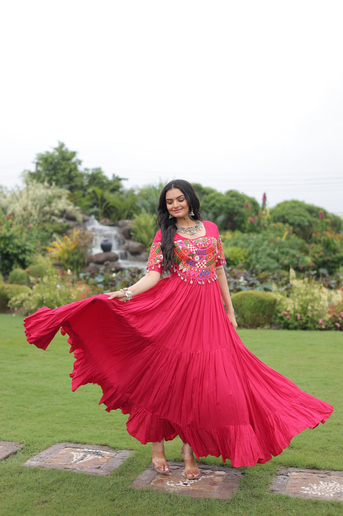 Rani Pink Navratri Special Kutchi Gamthi Work Rayon Gown with 3-Layer Frill & Cotton Lining ClothsVilla