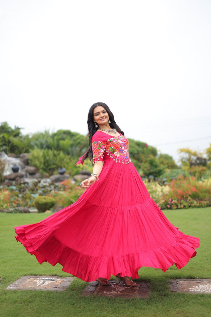 Rani Pink Navratri Special Kutchi Gamthi Work Rayon Gown with 3-Layer Frill & Cotton Lining ClothsVilla