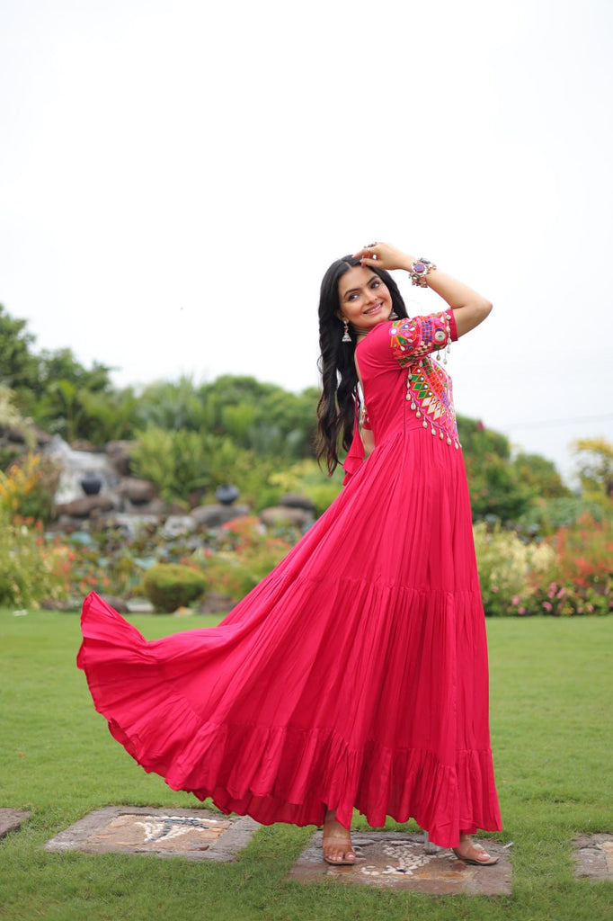 Rani Pink Navratri Special Kutchi Gamthi Work Rayon Gown with 3-Layer Frill & Cotton Lining ClothsVilla