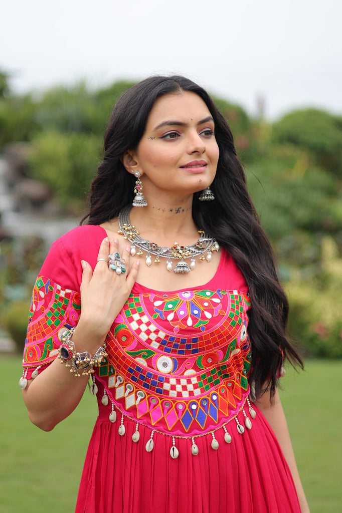 Rani Pink Navratri Special Kutchi Gamthi Work Rayon Gown with 3-Layer Frill & Cotton Lining ClothsVilla