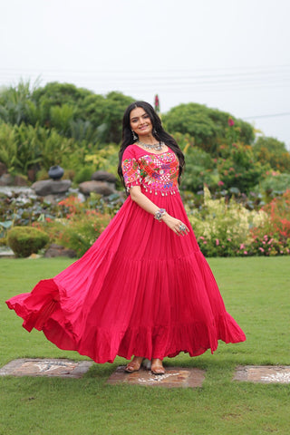 Rani Pink Navratri Special Kutchi Gamthi Work Rayon Gown with 3-Layer Frill & Cotton Lining ClothsVilla
