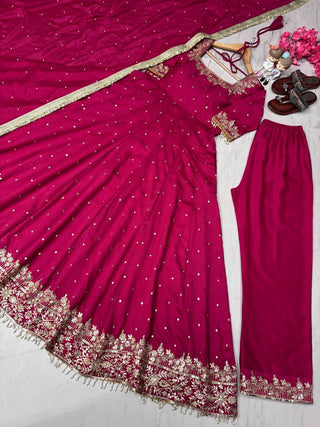 Rani Pink Party Wear Pur Vichitra Silk Anarkali Gown with Dupatta Set Clothsvilla