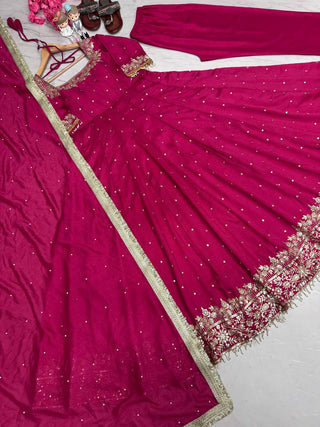 Rani Pink Party Wear Pur Vichitra Silk Anarkali Gown with Dupatta Set Clothsvilla
