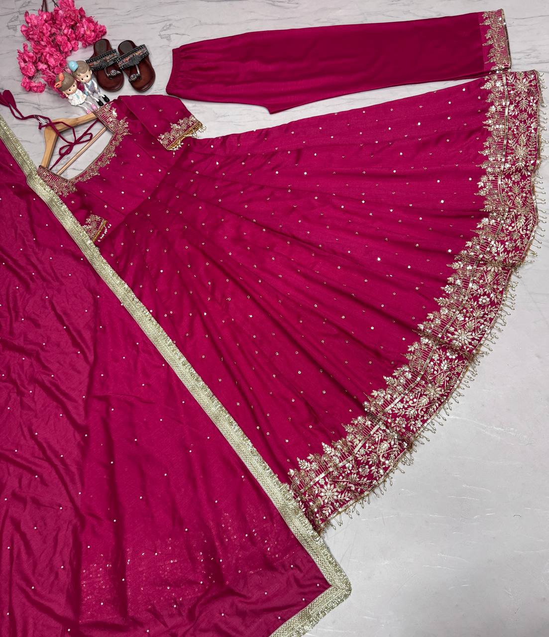 Rani Pink Party Wear Pur Vichitra Silk Anarkali Gown with Dupatta Set Clothsvilla