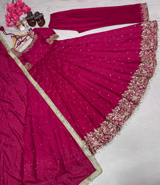 Rani Pink Party Wear Pur Vichitra Silk Anarkali Gown with Dupatta Set Clothsvilla