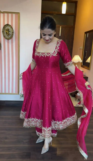 Rani Pink Party Wear Pur Vichitra Silk Anarkali Gown with Dupatta Set Clothsvilla