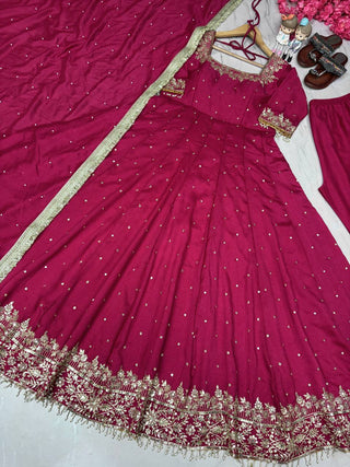 Rani Pink Party Wear Pur Vichitra Silk Anarkali Gown with Dupatta Set Clothsvilla