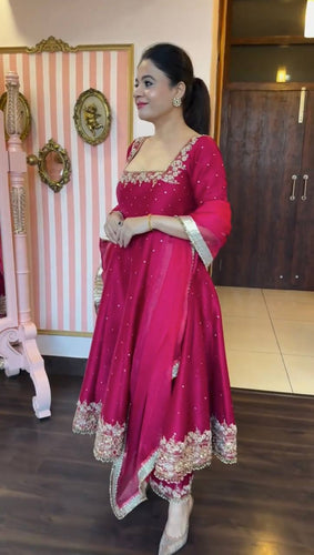 Rani Pink Party Wear Pur Vichitra Silk Anarkali Gown with Dupatta Set Clothsvilla