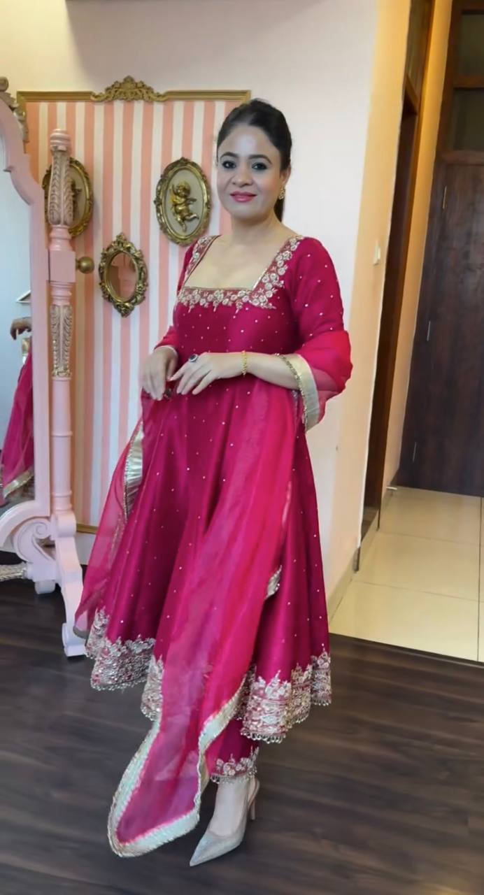 Rani Pink Party Wear Pur Vichitra Silk Anarkali Gown with Dupatta Set Clothsvilla Main image