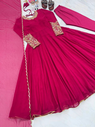 Rani Pink Premium Designer Party Wear Anarkali Gown, Dupatta & Bottom Set Clothsvilla