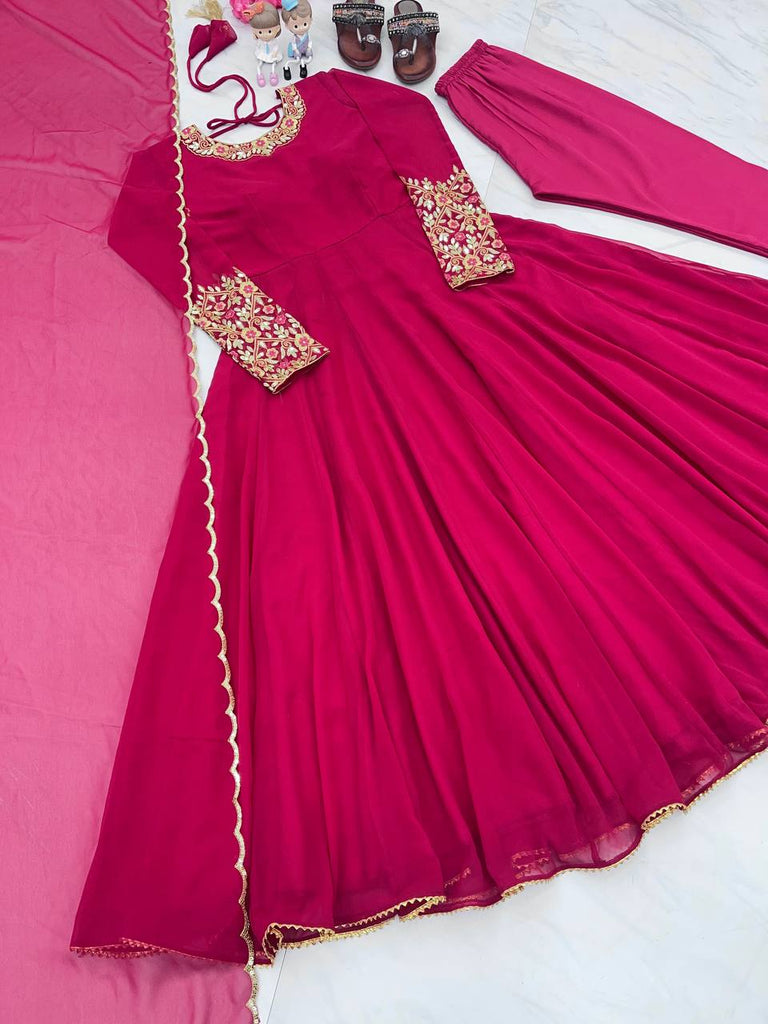 Rani Pink Premium Designer Party Wear Anarkali Gown, Dupatta & Bottom Set Clothsvilla