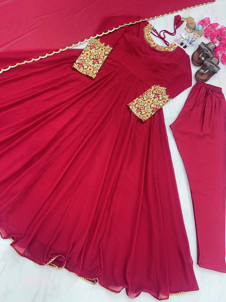 Rani Pink Premium Designer Party Wear Anarkali Gown, Dupatta & Bottom Set Clothsvilla