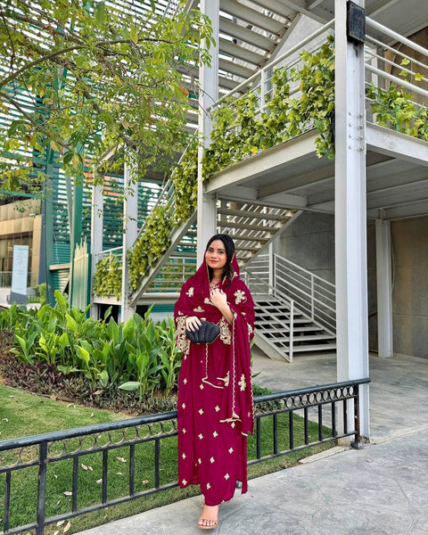 Rani Pink Premium Designer Party Wear Faux Georgette Top, Bottom & Dupatta Set Clothsvilla Main image