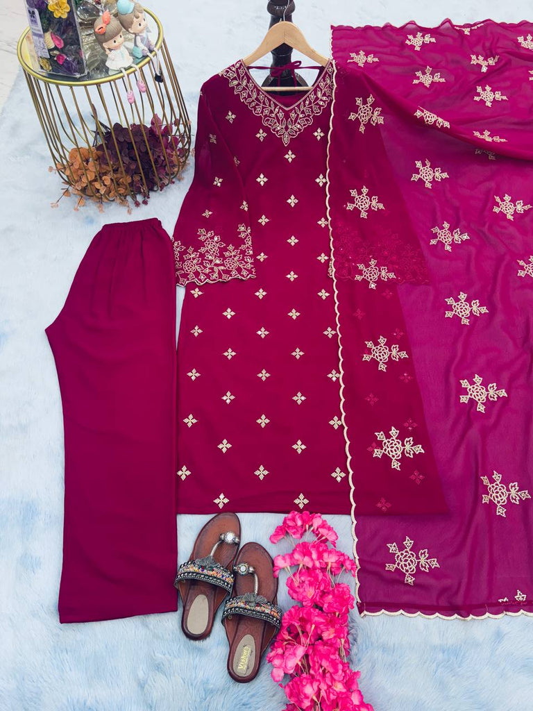 Rani Pink Premium Designer Party Wear Faux Georgette Top, Bottom & Dupatta Set Clothsvilla