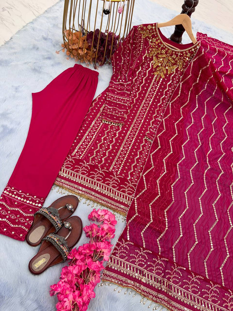 Rani Pink Premium Designer Party Wear Georgette Top, Bottom & Dupatta Set Clothsvilla