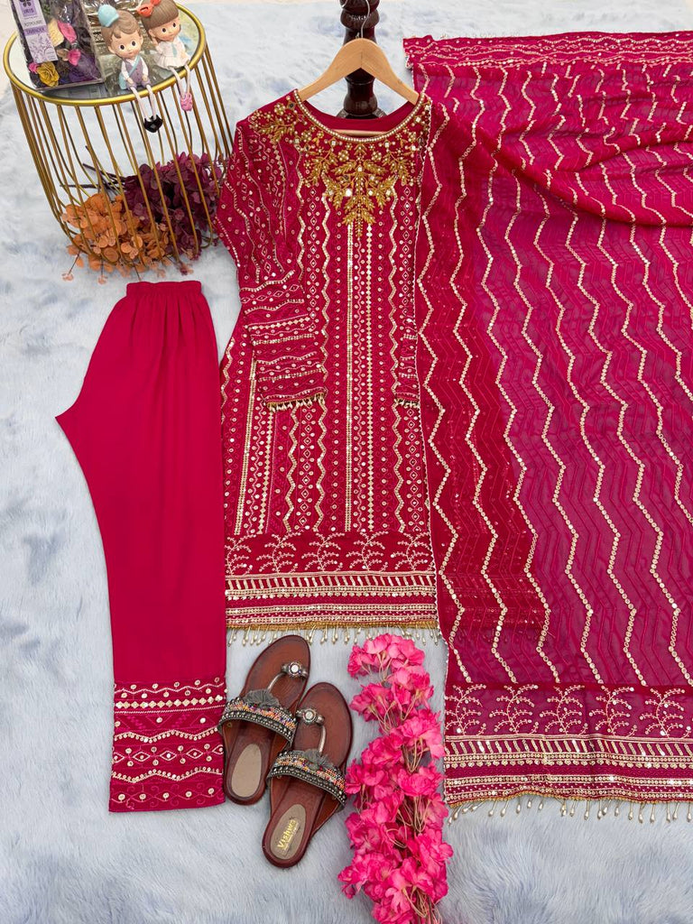 Rani Pink Premium Designer Party Wear Georgette Top, Bottom & Dupatta Set Clothsvilla