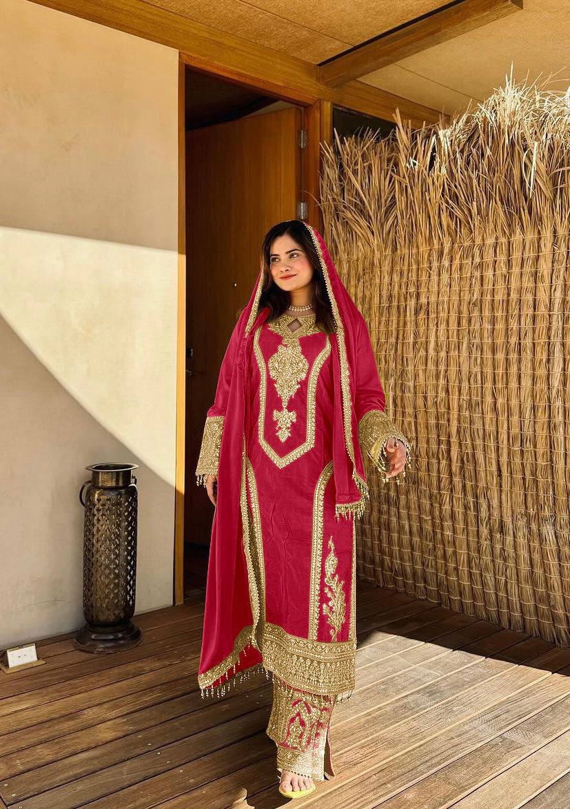 Rani Pink Premium Designer Ready-to-Wear Top, Plazzo & Dupatta Set Clothsvilla Main image