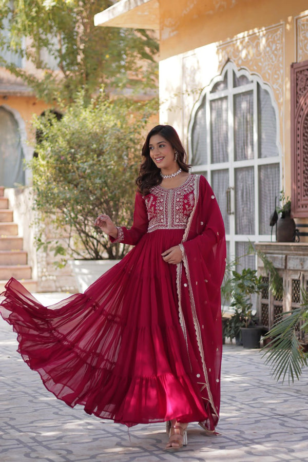 Rani Pink Premium Designer Readymade Gown with Dupatta – Elegant Embroidered Pearl Work ClothsVilla